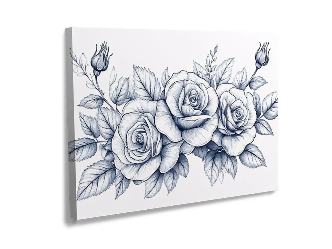Kurkborden op canvas met blauwe rozen lijnillustratie – formaat 120 × 80 cm