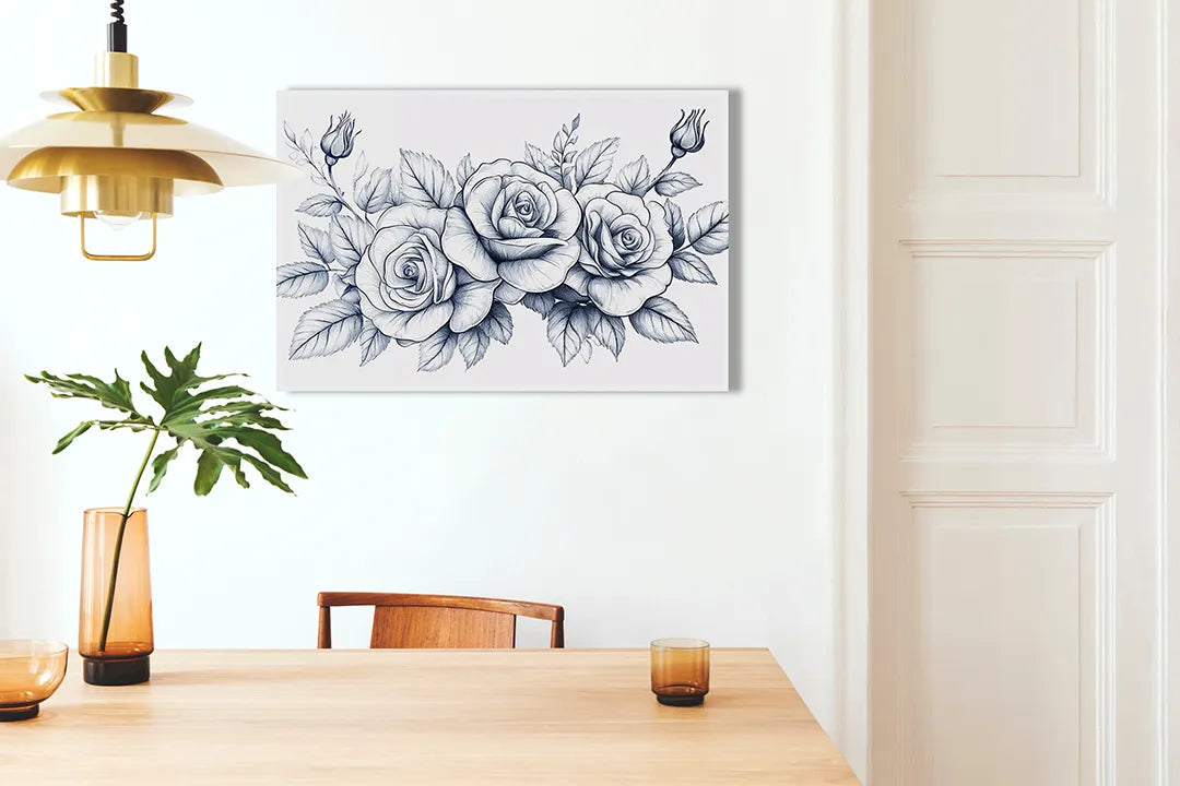 Kurkborden op canvas met blauwe rozen lijnillustratie – formaat 100 × 70 cm