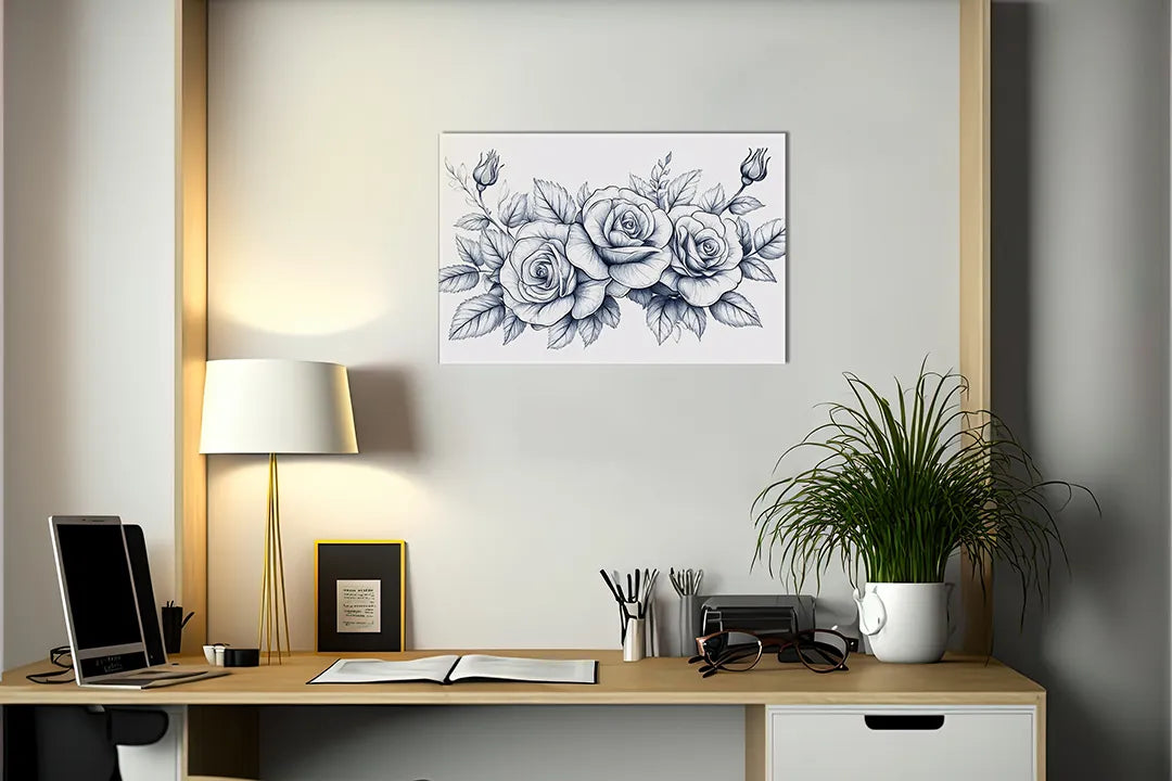 Kurkborden op canvas met blauwe rozen lijnillustratie – formaat 140 × 100 cm