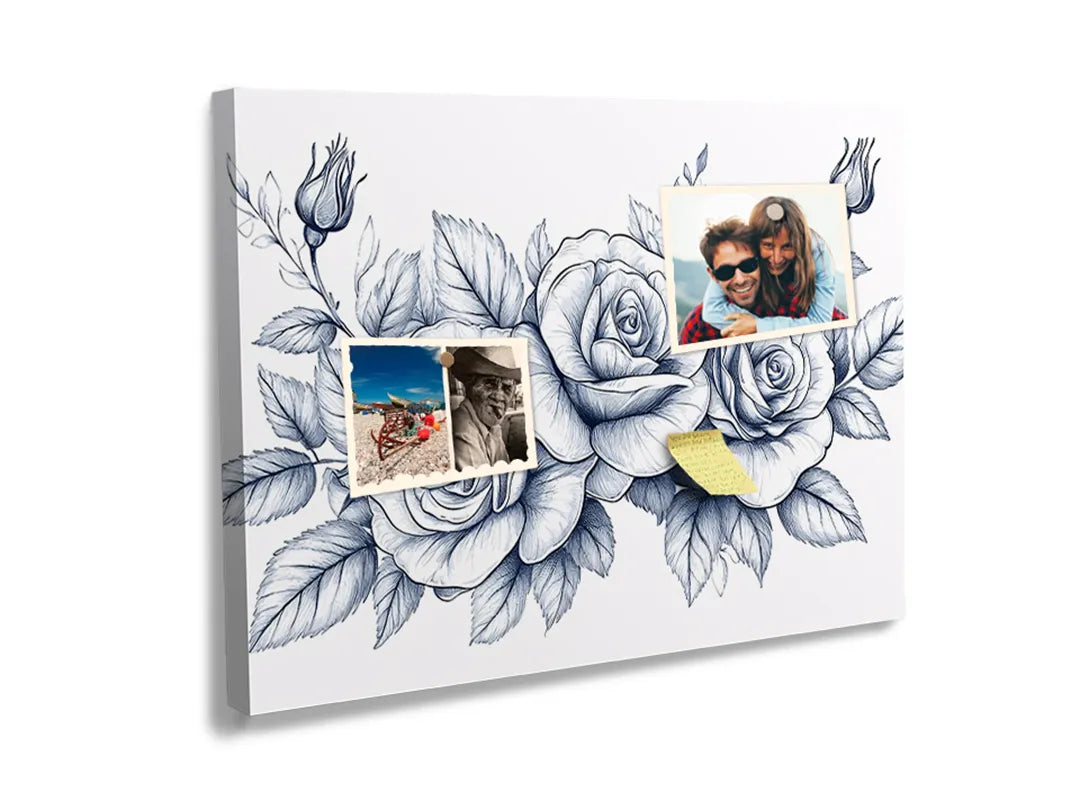 Kurkborden op canvas met blauwe rozen lijnillustratie – formaat 60 × 40 cm