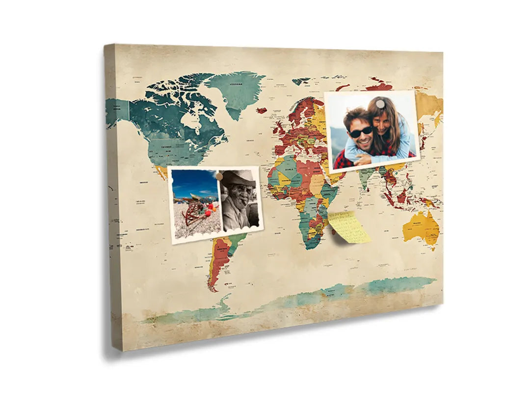 Kurkborden op canvas met vintage kleurrijke wereldkaart – formaat 60 × 40 cm