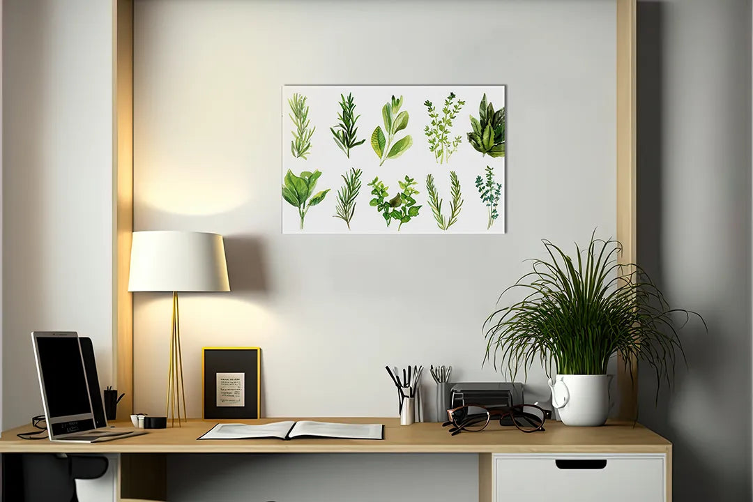 Kurkborden op canvas met botanische kruidenillustraties – formaat 140 × 100 cm