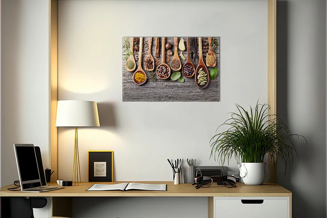 Kurkborden op canvas met kruiden in houten lepels – formaat 140 × 100 cm