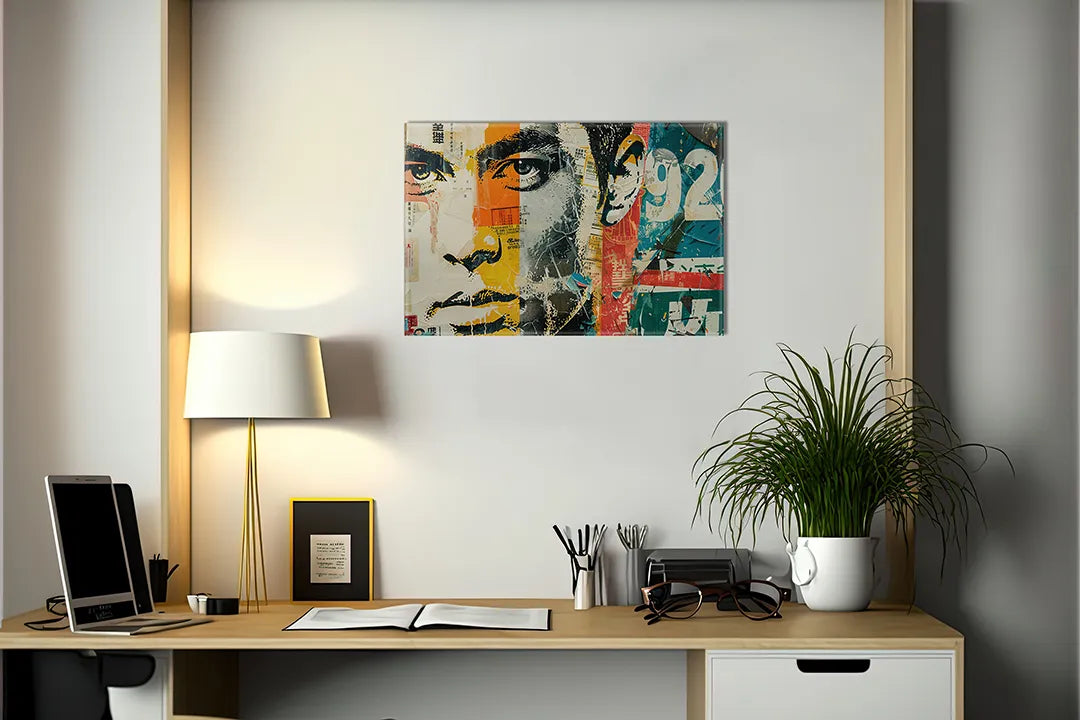 Kurkborden op canvas met kleurrijk urban portret collage – formaat 140 × 100 cm