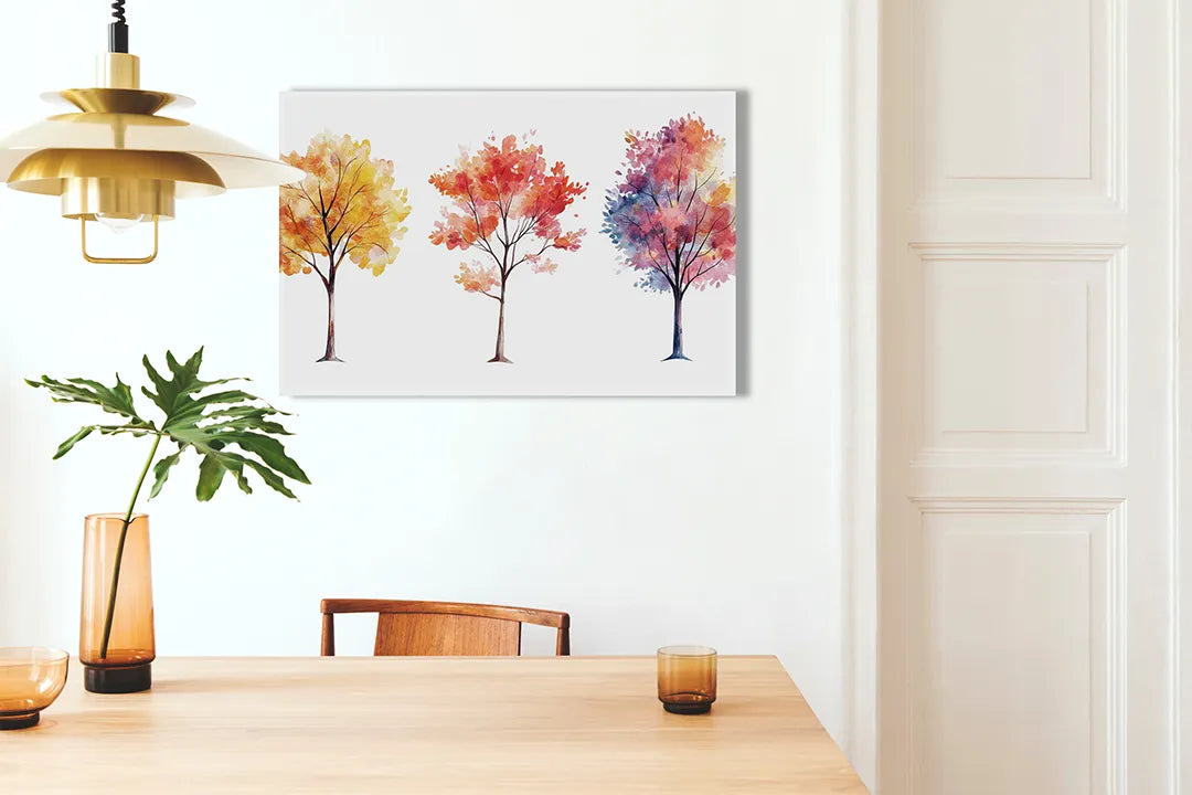 Kurkborden op canvas met vier aquarelbomen in herfstkleuren – formaat 100 × 70 cm