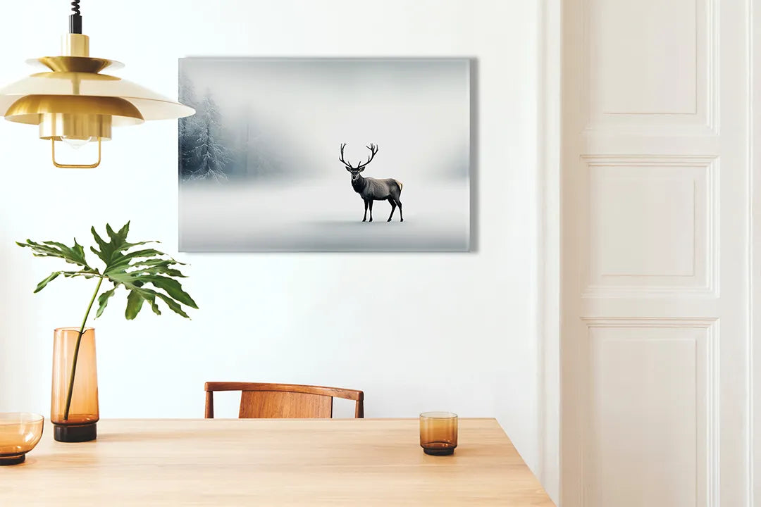 Kurkborden op canvas met hert in mistig winterlandschap – formaat 100 × 70 cm