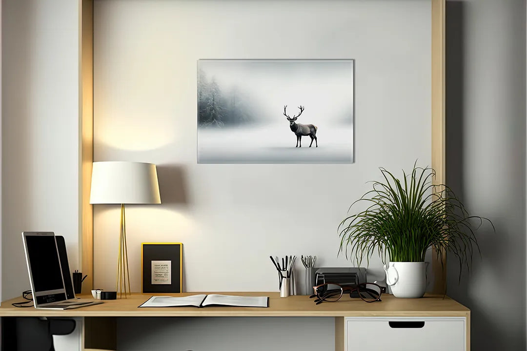 Kurkborden op canvas met hert in mistig winterlandschap – formaat 140 × 100 cm