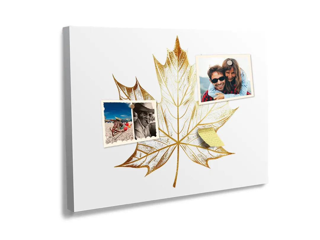 Kurkborden op canvas met gouden esdoornblad – formaat 60 × 40 cm