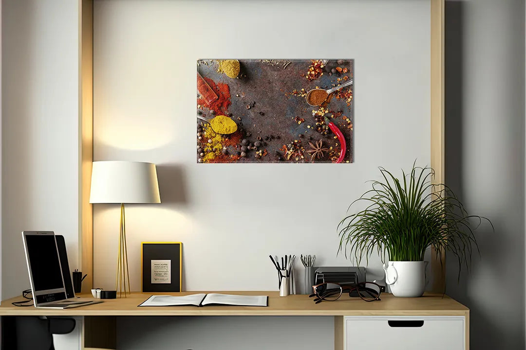 Kurkborden op canvas met kleurrijke specerijen op donkere achtergrond – formaat 140 × 100 cm
