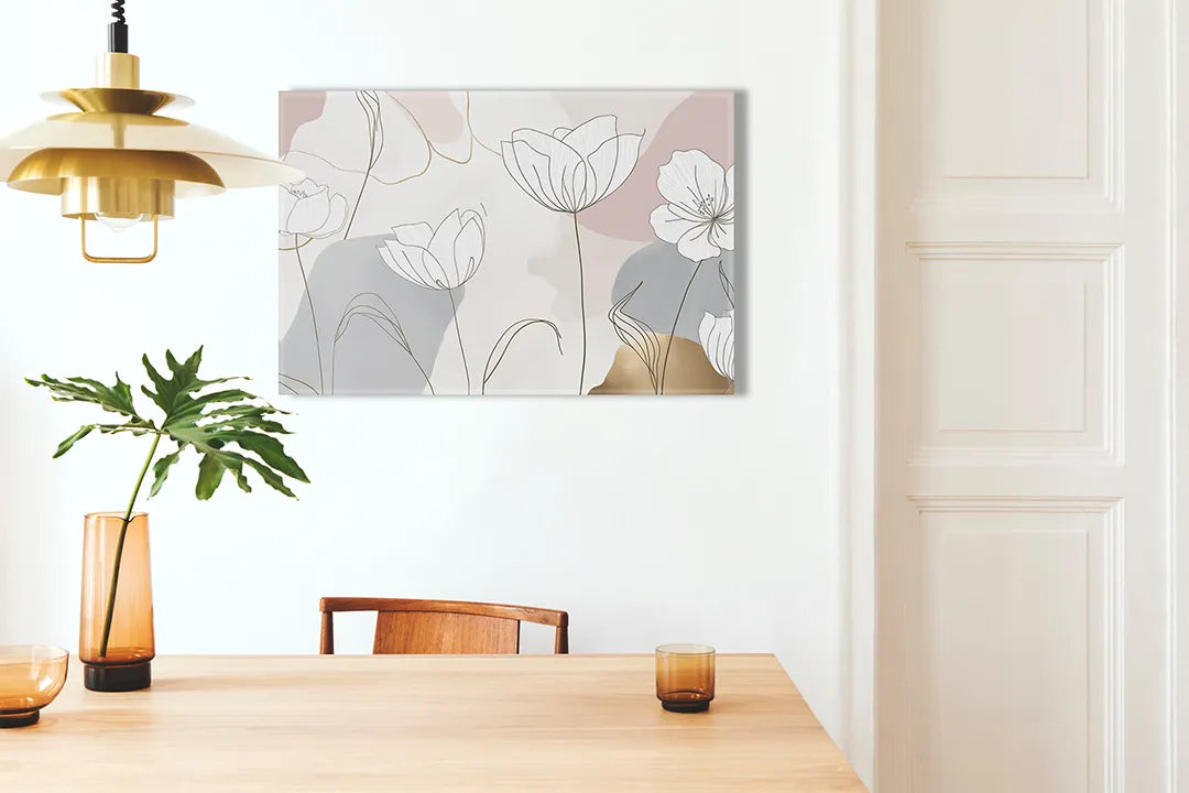 Kurkborden op canvas met pastel bloemlijnpatroon – formaat 100 × 70 cm
