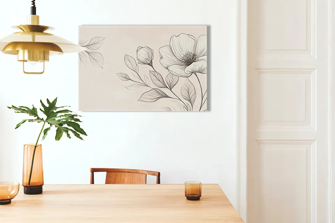 Kurkborden op canvas met minimalistische bloemtekening in beige – formaat 100 × 70 cm