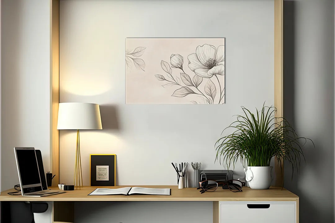 Kurkborden op canvas met minimalistische bloemtekening in beige – formaat 140 × 100 cm
