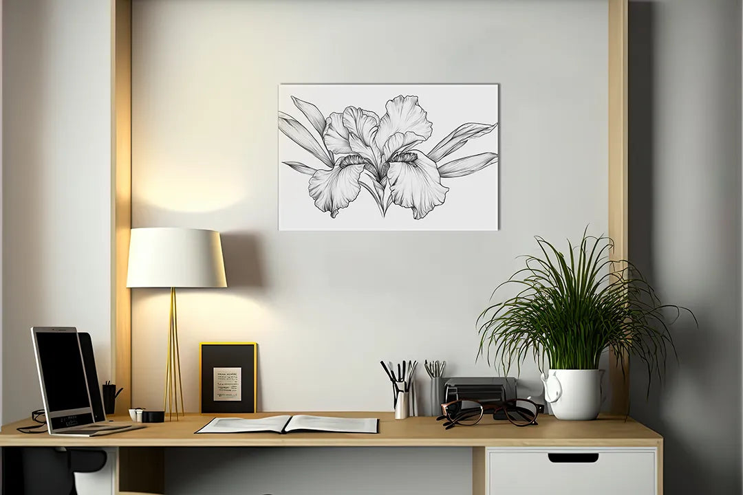 Kurkborden op canvas met gedetailleerde zwart-wit irisbloem – formaat 140 × 100 cm