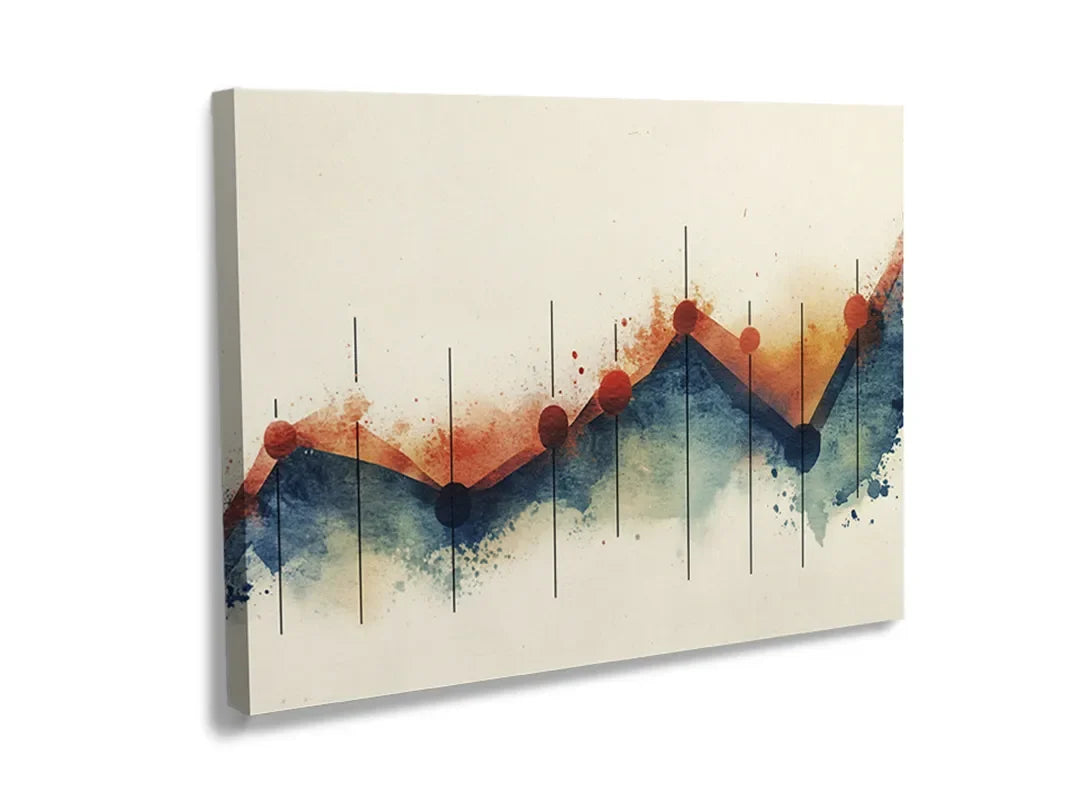Kurkborden op canvas met abstract landschap in blauw en roest – formaat 120 × 80 cm