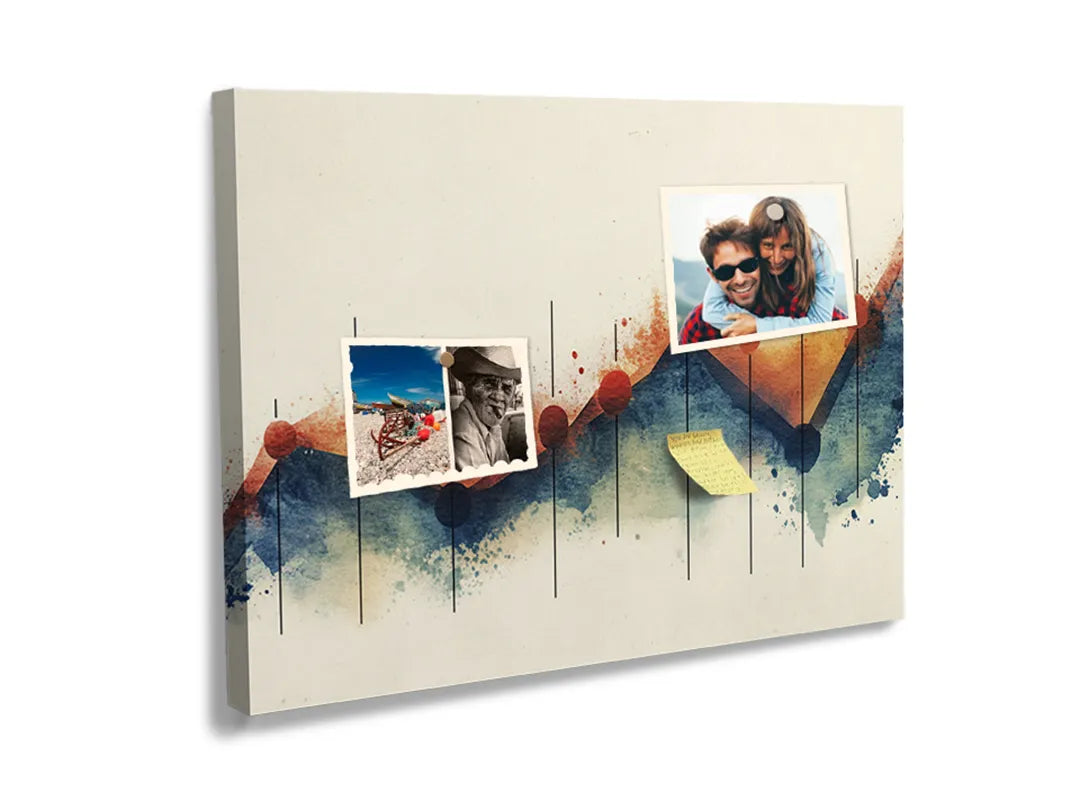 Kurkborden op canvas met abstract landschap in blauw en roest – formaat 60 × 40 cm