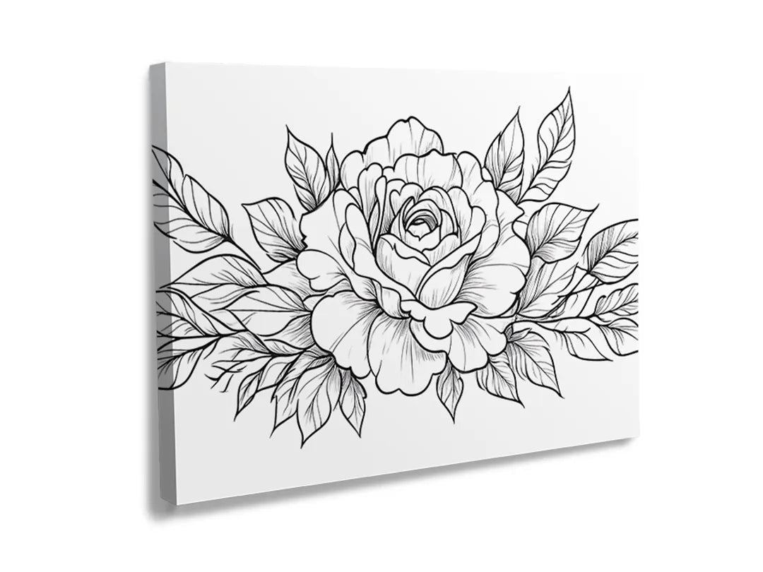 Kurkborden op canvas met zwart-witte rozen lijntekening – formaat 120 × 80 cm