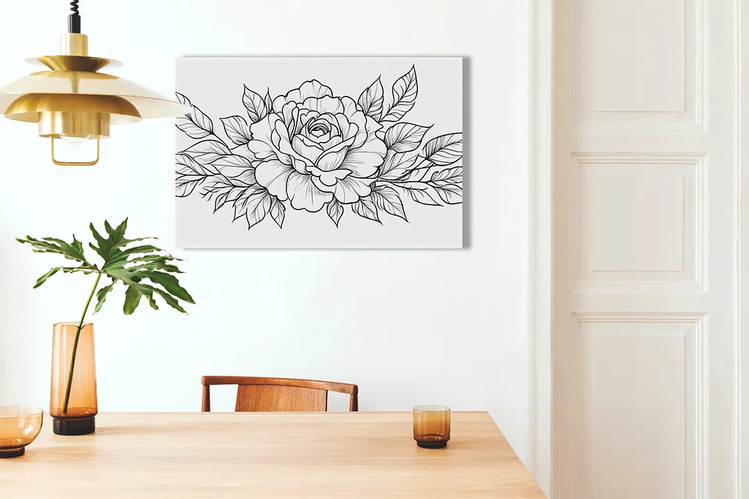 Kurkborden op canvas met zwart-witte rozen lijntekening – formaat 100 × 70 cm