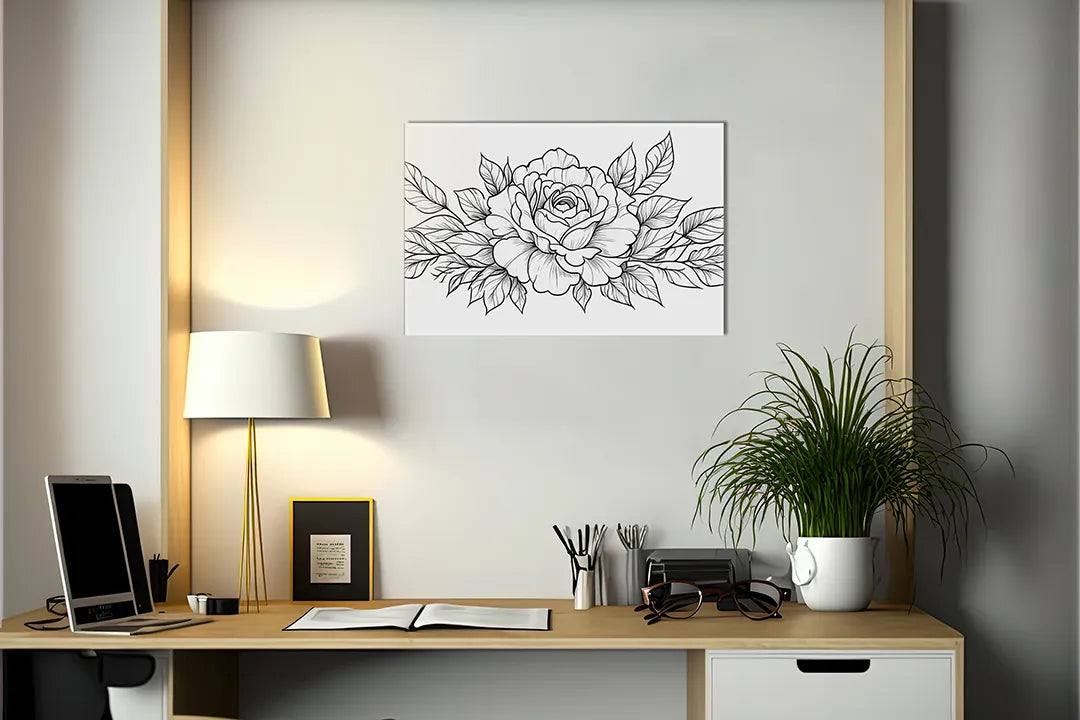 Kurkborden op canvas met zwart-witte rozen lijntekening – formaat 140 × 100 cm