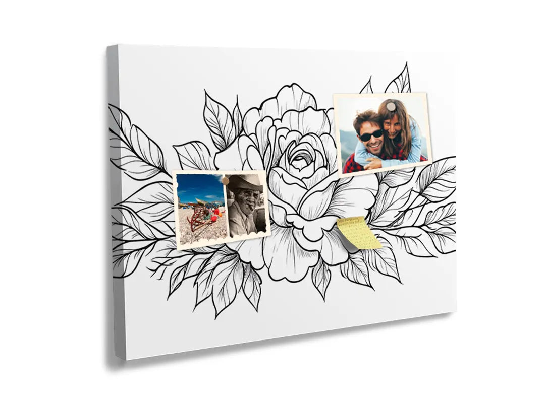 Kurkborden op canvas met zwart-witte rozen lijntekening – formaat 60 × 40 cm