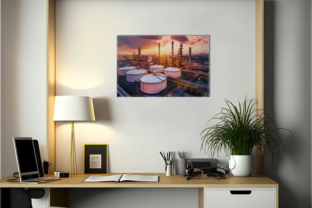 Kurkborden op canvas met industriële olieraffinaderij bij zonsondergang – formaat 140 × 100 cm