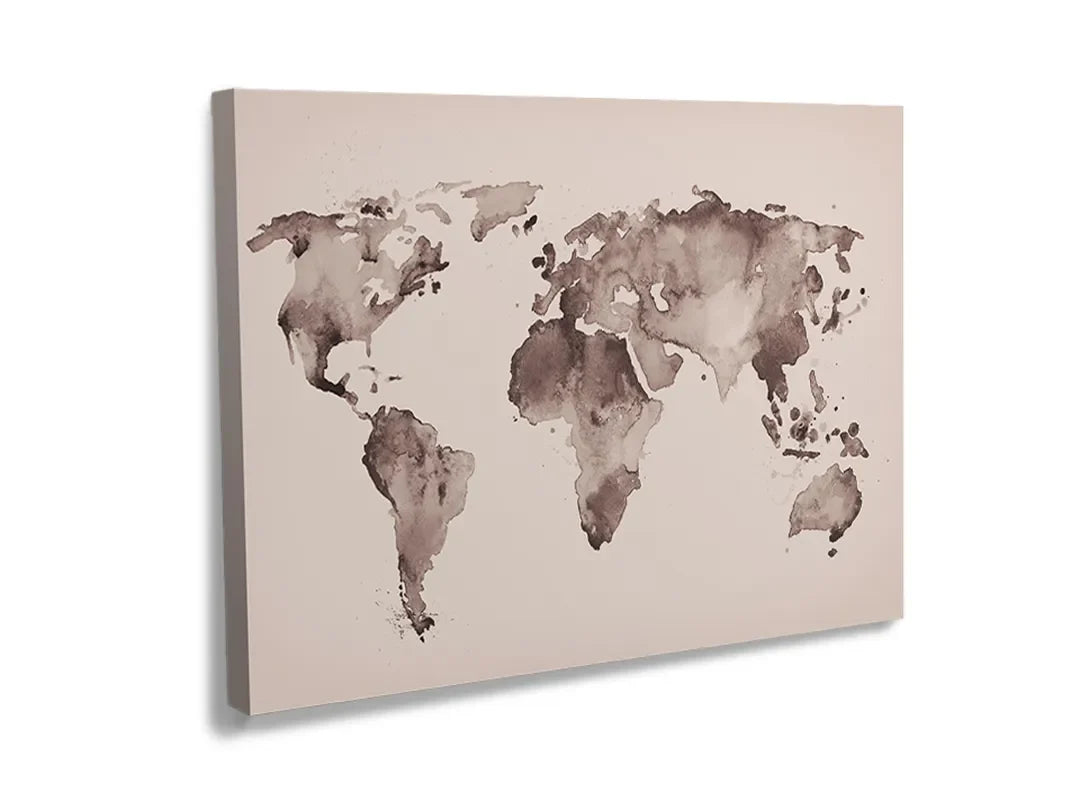 Kurkborden op canvas met aquarel wereldkaart in zachte tinten – formaat 120 × 80 cm