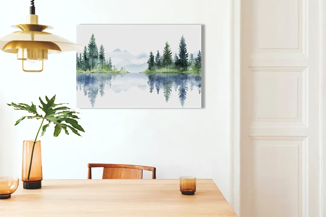 Kurkborden op canvas met aquarel meer met dennenbomen – formaat 100 × 70 cm