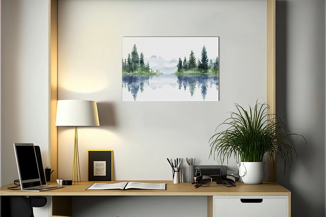 Kurkborden op canvas met aquarel meer met dennenbomen – formaat 140 × 100 cm