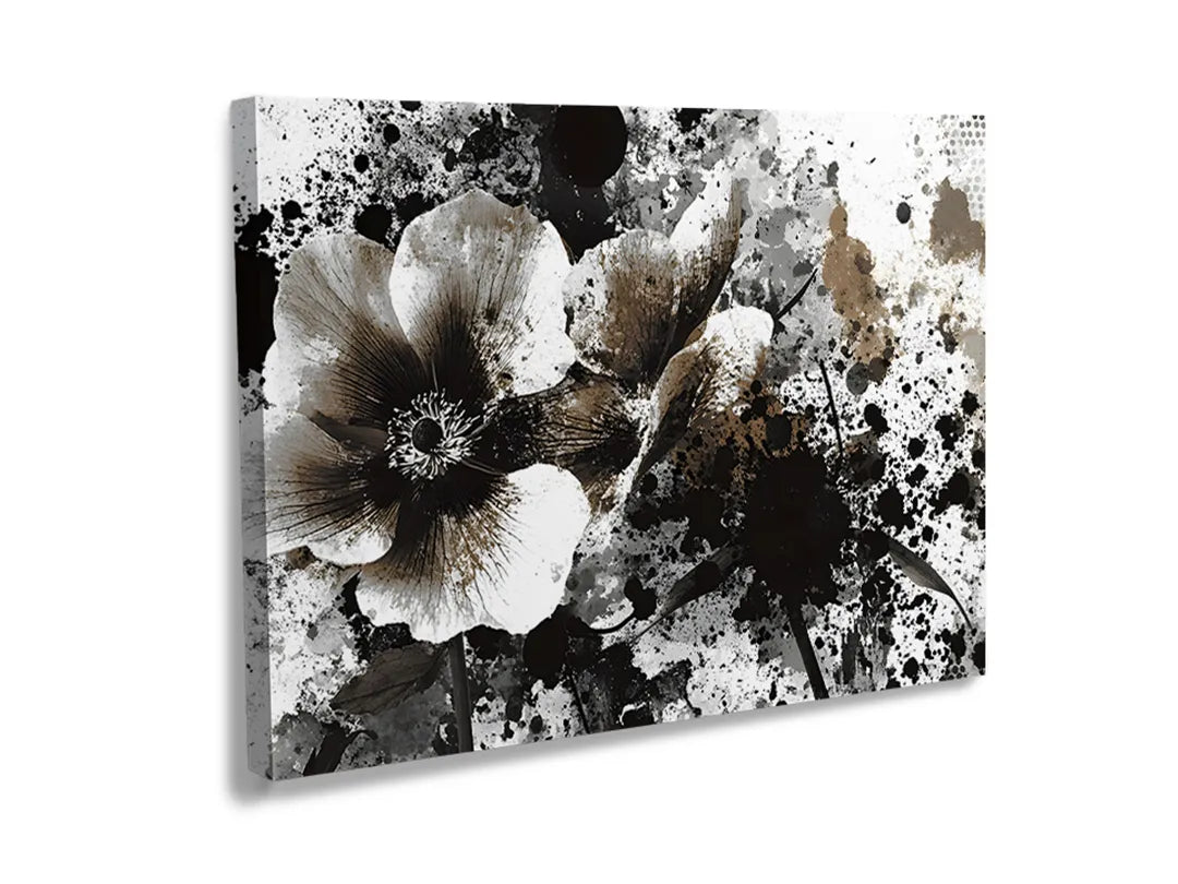 Kurkborden op canvas met zwart-witte bloem in inktspatten – formaat 120 × 80 cm