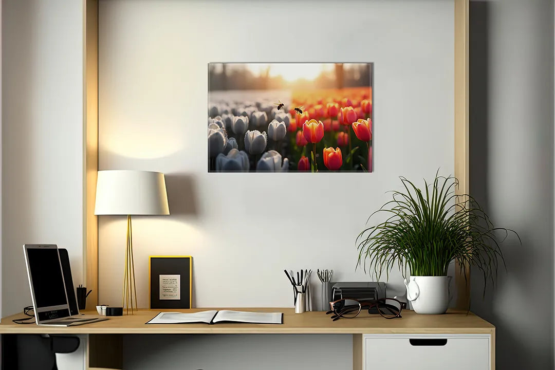 Kurkborden op canvas met tulpenveld in zacht zonlicht – formaat 140 × 100 cm