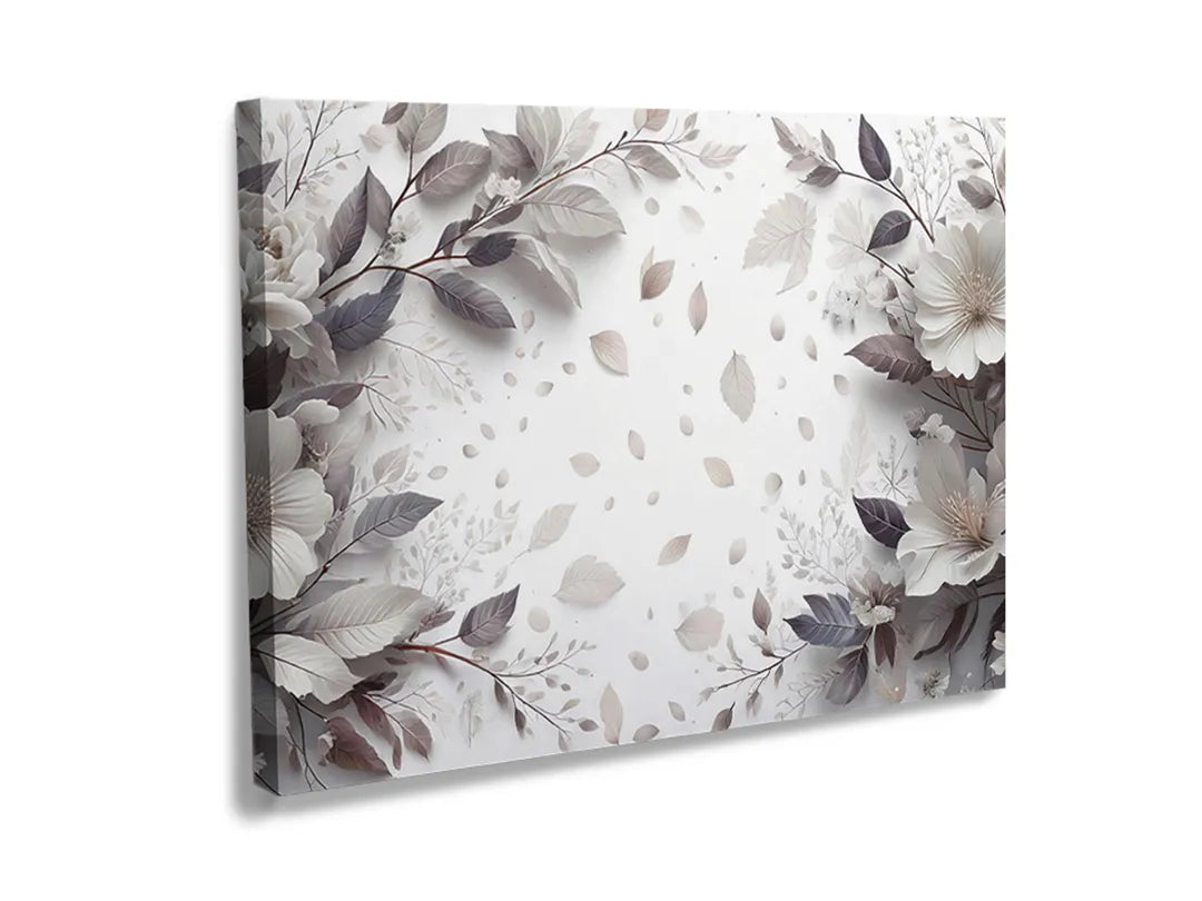 Kurkborden op canvas met zachte botanische bladeren in grijstinten – formaat 120 × 80 cm