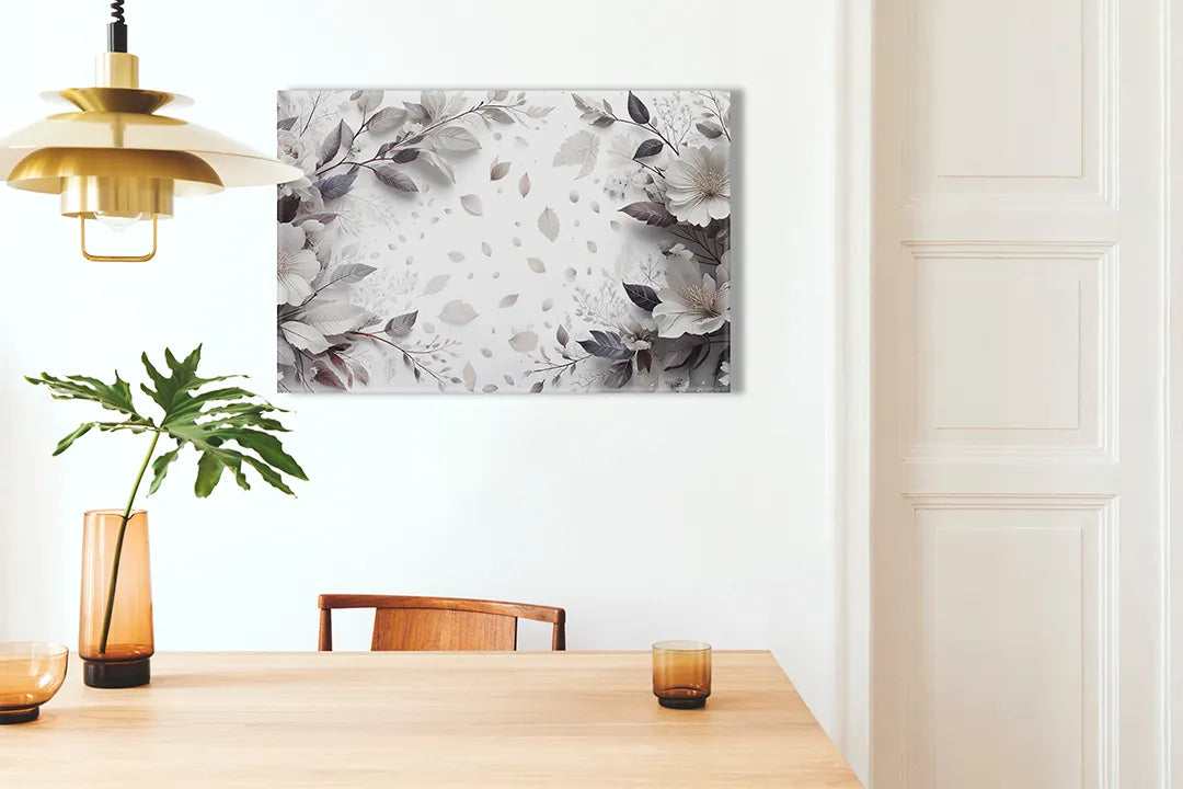 Kurkborden op canvas met zachte botanische bladeren in grijstinten – formaat 100 × 70 cm