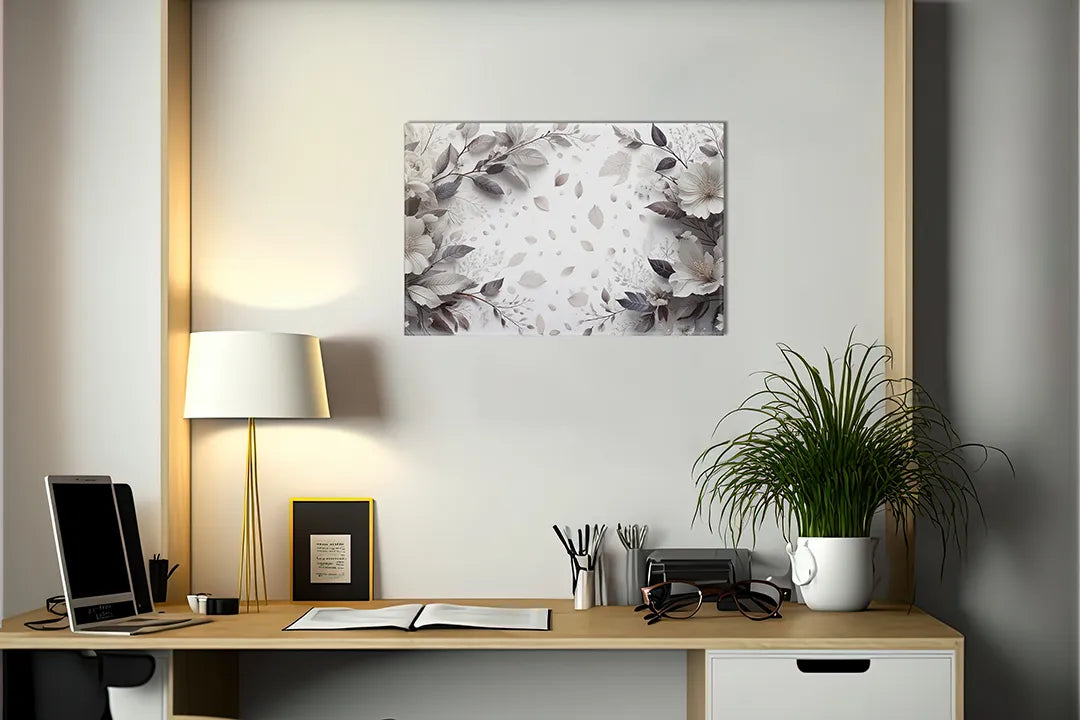 Kurkborden op canvas met zachte botanische bladeren in grijstinten – formaat 140 × 100 cm