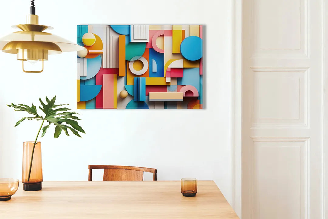 Kurkborden op canvas met kleurrijke geometrische 3d vormen – formaat 100 × 70 cm
