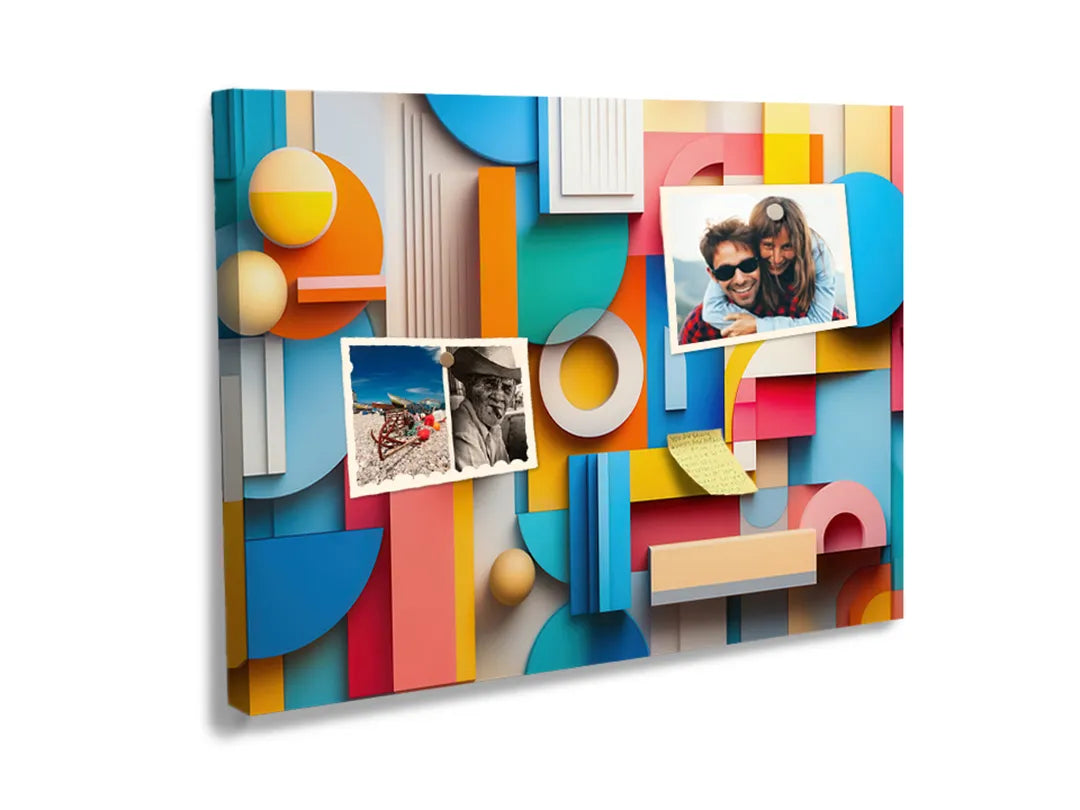 Kurkborden op canvas met kleurrijke geometrische 3d vormen – formaat 60 × 40 cm