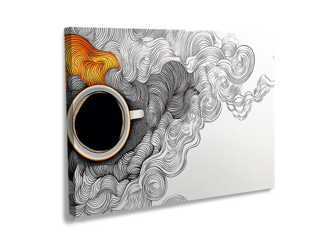 Kurkborden op canvas met koffiekop met sierlijke rooktekening – formaat 120 × 80 cm