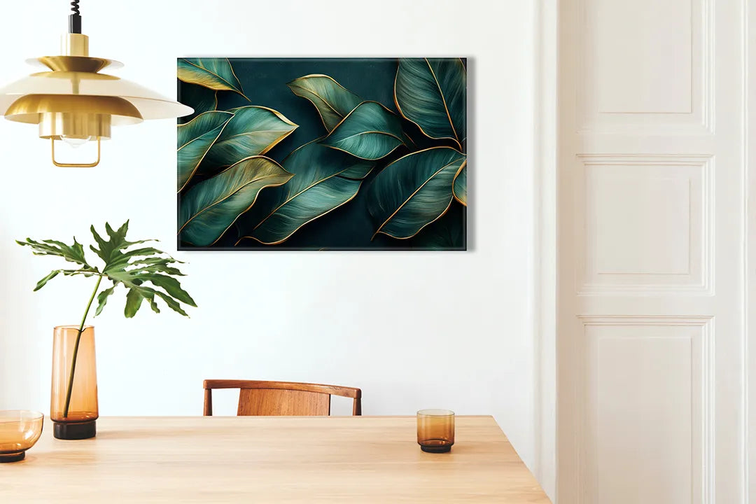 Kurkborden op canvas met donkergroene bladeren met goudaccent – formaat 100 × 70 cm