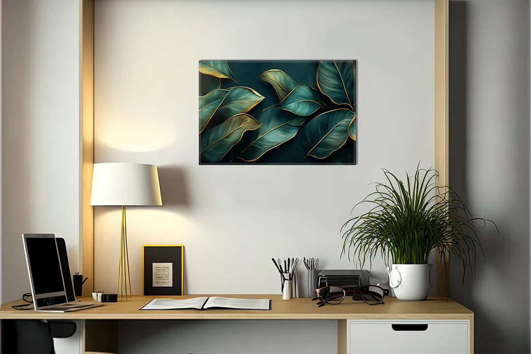 Kurkborden op canvas met donkergroene bladeren met goudaccent – formaat 140 × 100 cm