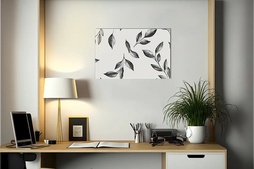 Kurkborden op canvas met zwart-wit vallende bladeren – formaat 140 × 100 cm