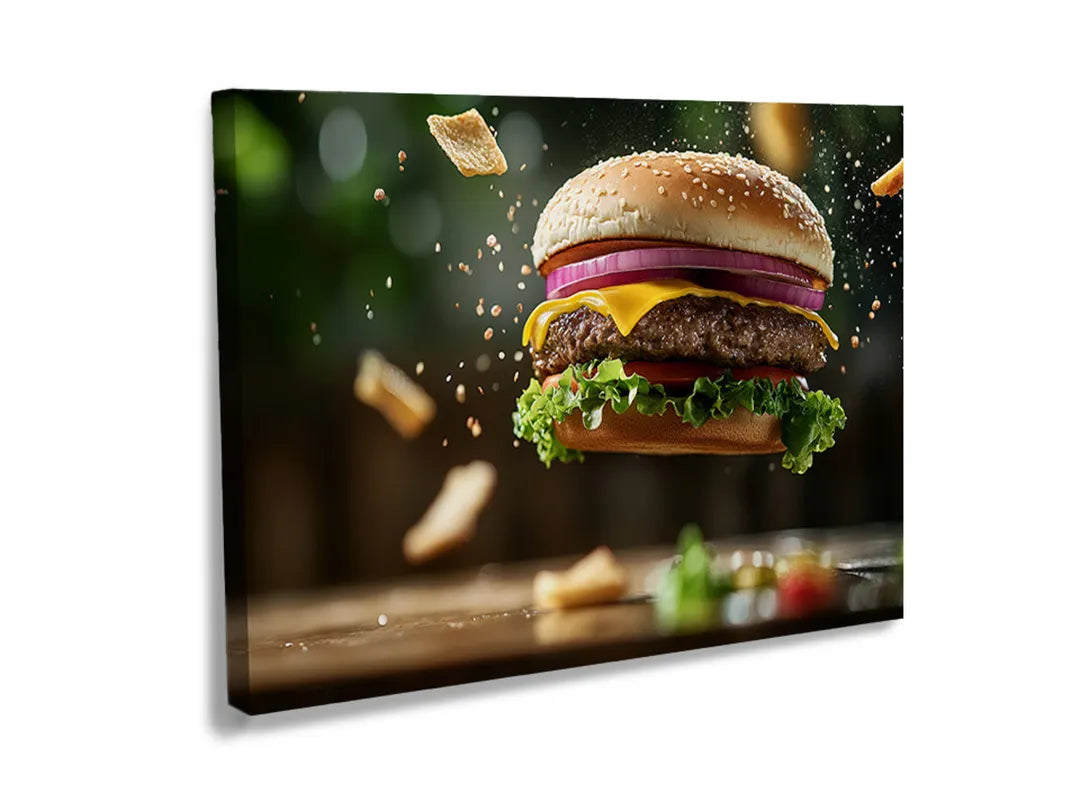 Kurkborden op canvas met hamburger zwevend met ingrediënten – formaat 120 × 80 cm