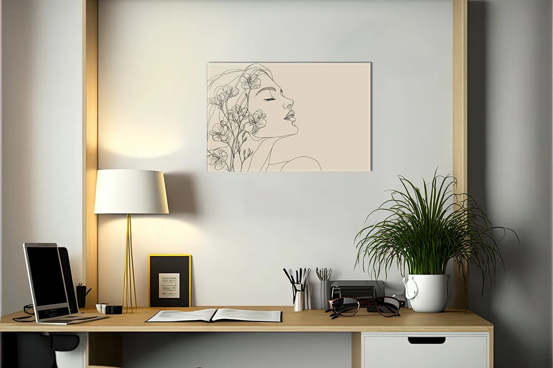 Kurkborden op canvas met minimalistisch vrouwengezicht in lijntekening – formaat 140 × 100 cm