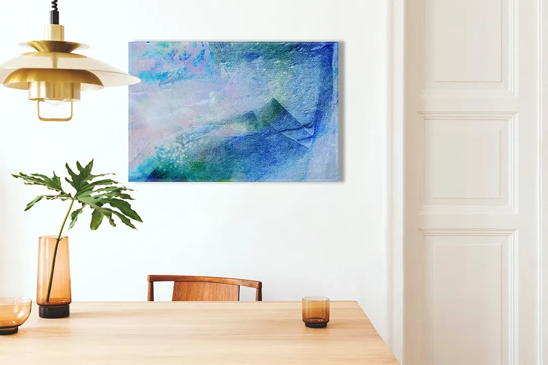 Kurkborden op canvas met abstract schilderij in blauw en paars – formaat 100 × 70 cm