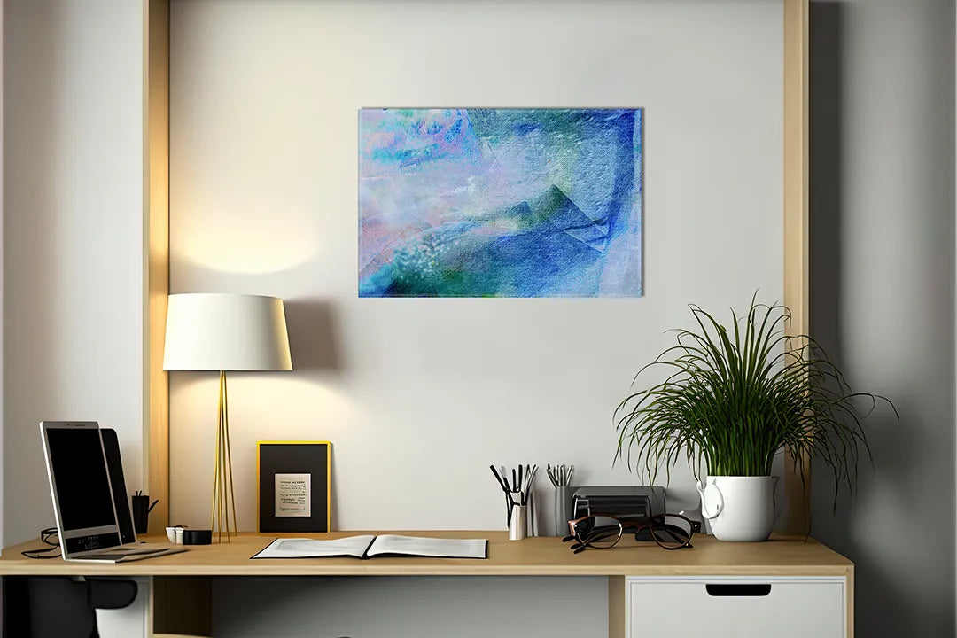 Kurkborden op canvas met abstract schilderij in blauw en paars – formaat 140 × 100 cm