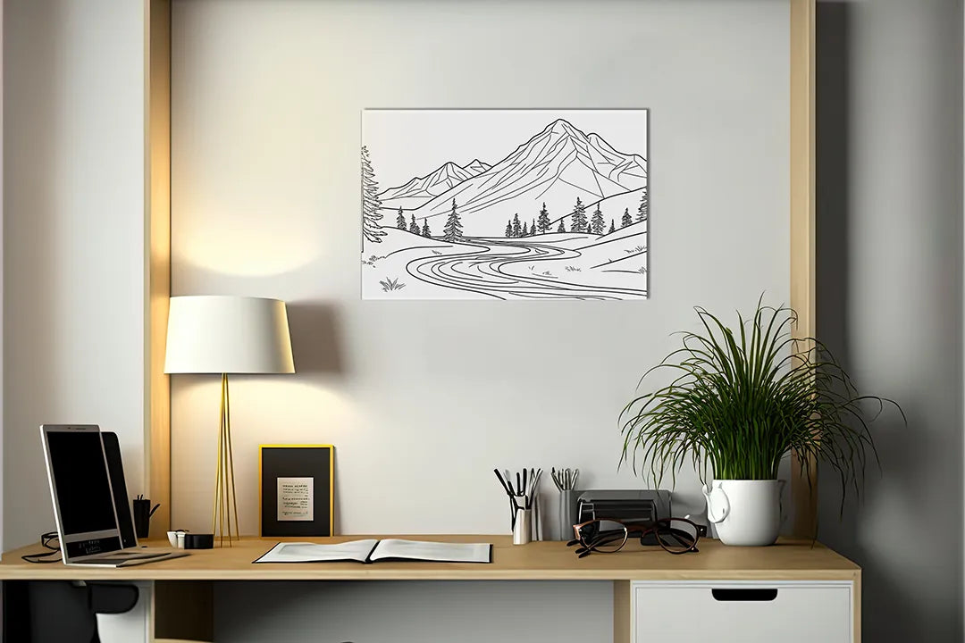 Kurkborden op canvas met berglandschap als zwart-witte kleurplaat – formaat 140 × 100 cm