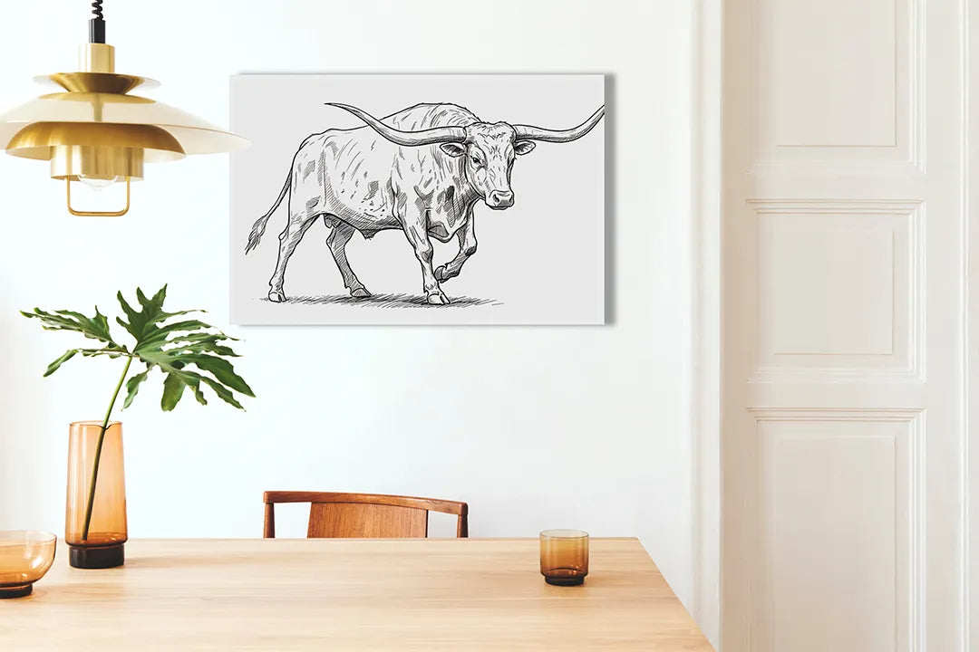 Kurkborden op canvas met gedetailleerde lijntekening van stier – formaat 100 × 70 cm