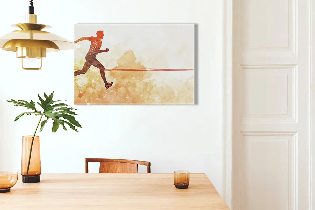 Kurkborden op canvas met hardloper op rode finishlijn – formaat 100 × 70 cm