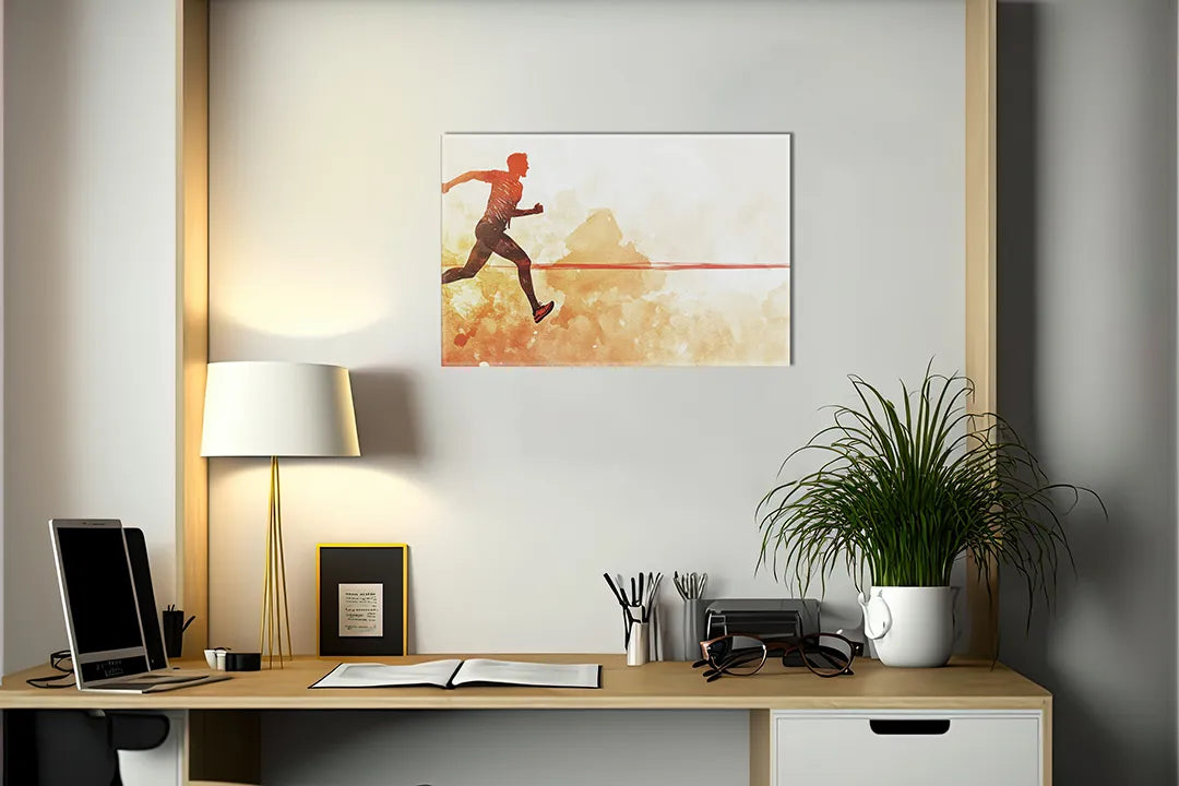 Kurkborden op canvas met hardloper op rode finishlijn – formaat 140 × 100 cm