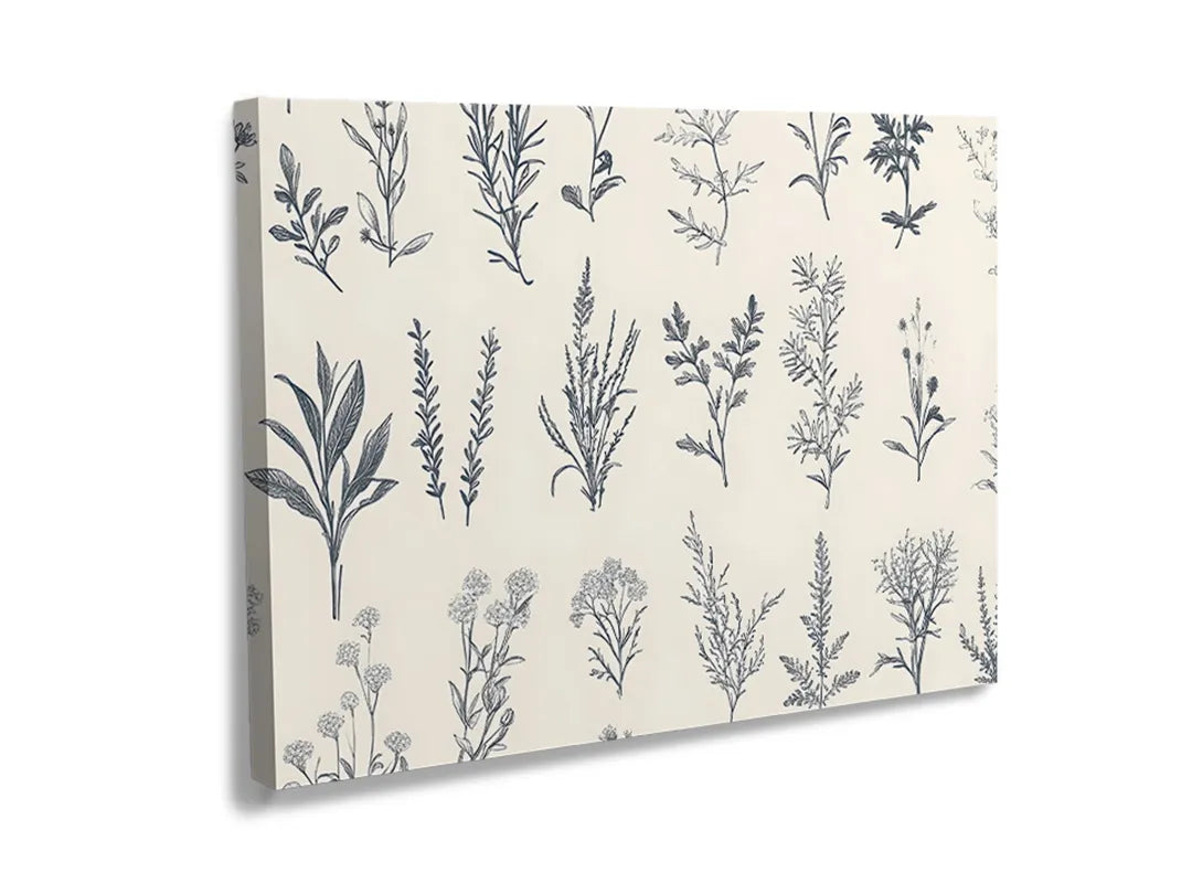 Kurkborden op canvas met botanisch kruidenpatroon in blauwgrijs – formaat 120 × 80 cm