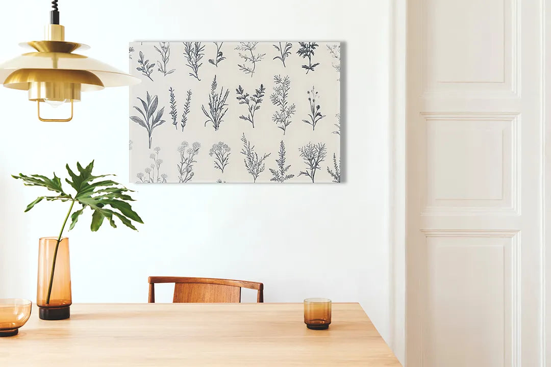 Kurkborden op canvas met botanisch kruidenpatroon in blauwgrijs – formaat 100 × 70 cm