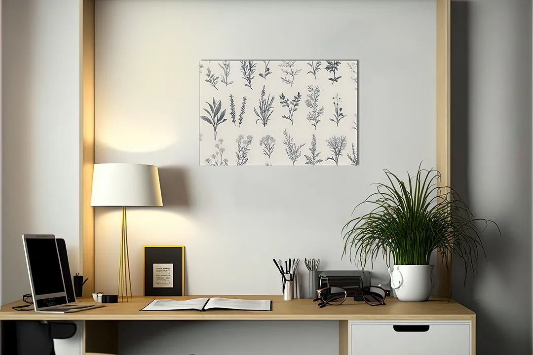 Kurkborden op canvas met botanisch kruidenpatroon in blauwgrijs – formaat 140 × 100 cm