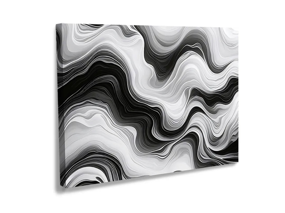 Kurkborden op canvas met zwart-wit marmergolf patroon – formaat 120 × 80 cm